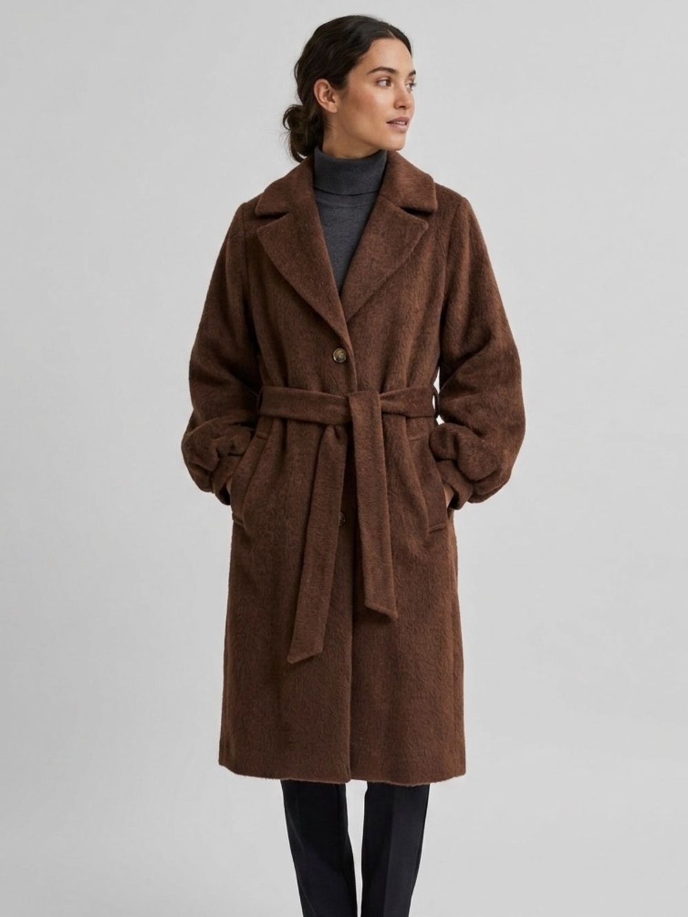 Selected Femme Sz 8 Brown Wool Blend Puff Sleeves Belted Coat